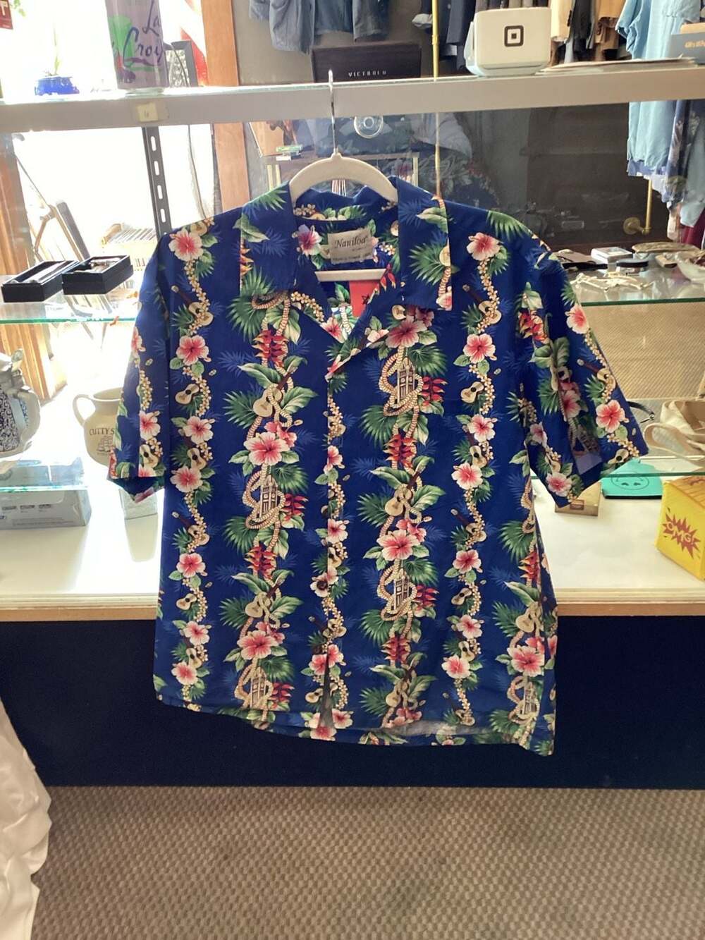 Medium Blue Hawaiian Aloha Shirt with Floral Lei and Ukulele Print